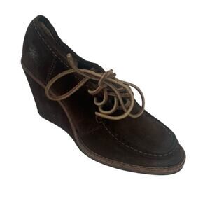 Frye Caroline Chocolate Brown Leather Lace Up Wedge Shoes Size 9